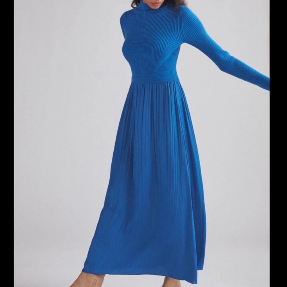 Anthropologie Thea Twofer sweater dress blue sweater top pleated skirt small